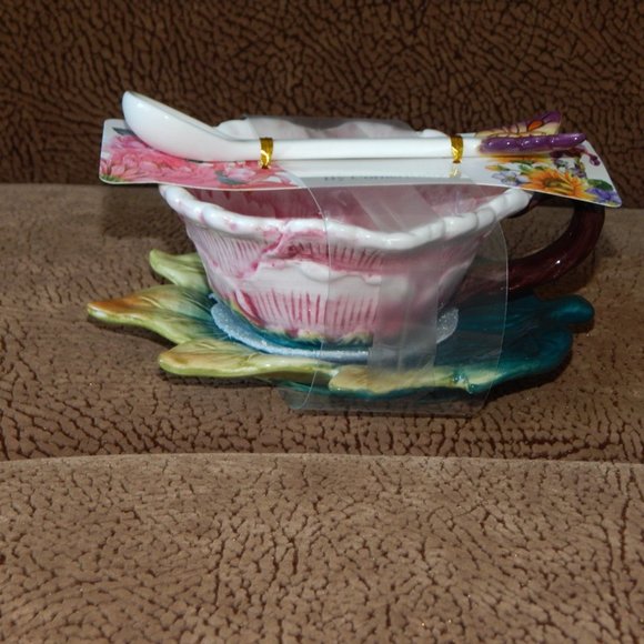 Corner Ruby Garden Collection Pink Peony Flower Tea Cup Leaf Saucer & Spoon NWT - Picture 4 of 9